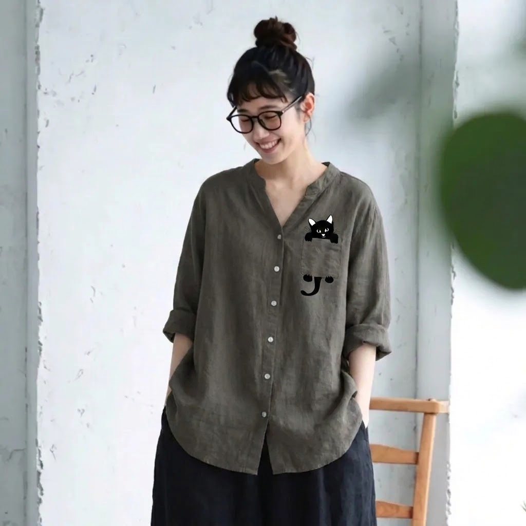 綿麻 Vネック 長袖 プリント 動物柄 シャツ