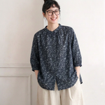 綿麻 花柄 レトロ 七分袖 シャツ