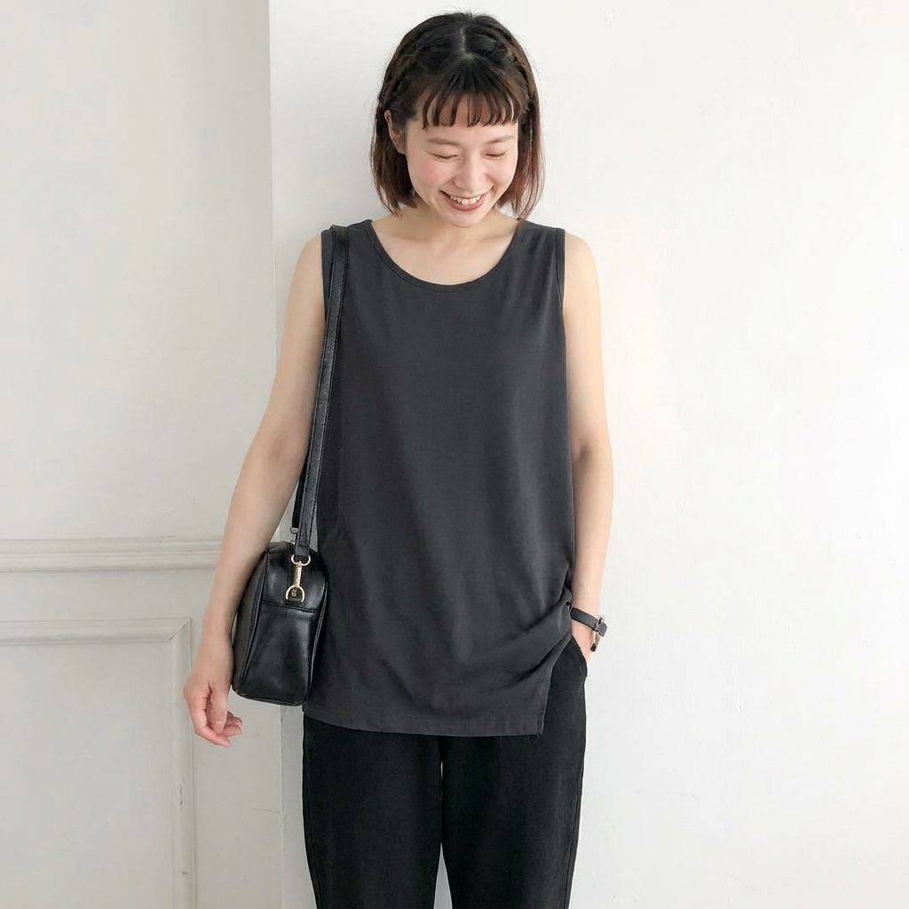 無地 プルオーバー ノースリーブ ラウンドネック タンクトップ／キャミソール