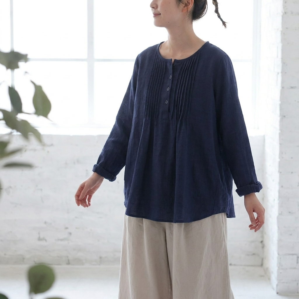 M～6L 綿麻 プリーツ長袖シャツ