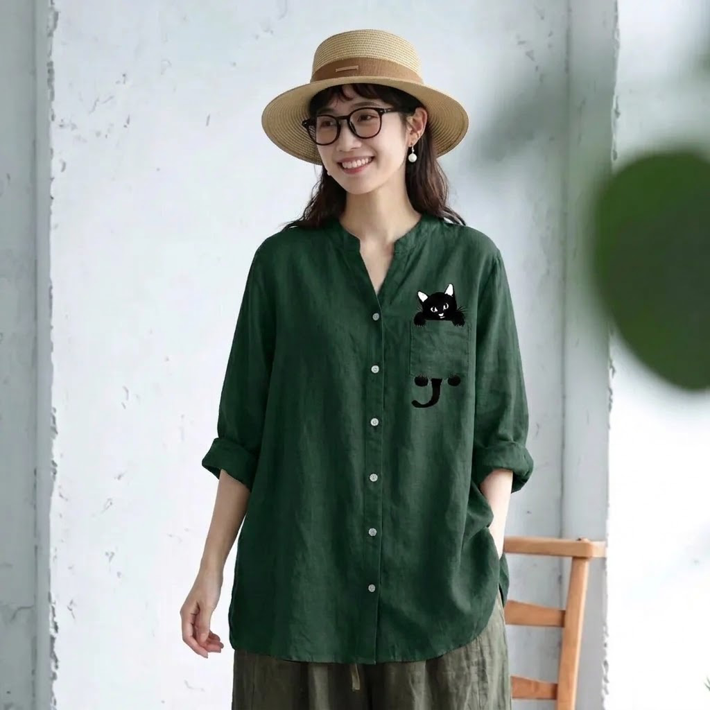 綿麻 Vネック 長袖 プリント 動物柄 シャツ