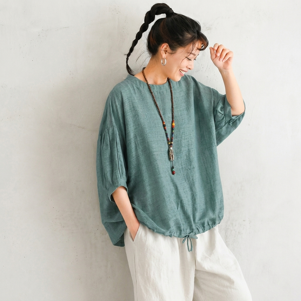 ラクに着られる S～4XL 綿麻 大人ナチュラル 心地よい 五分袖 ドルマンスリーブ Tシャツ