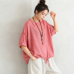 ラクに着られる S～4XL 綿麻 大人ナチュラル 心地よい 五分袖 ドルマンスリーブ Tシャツ