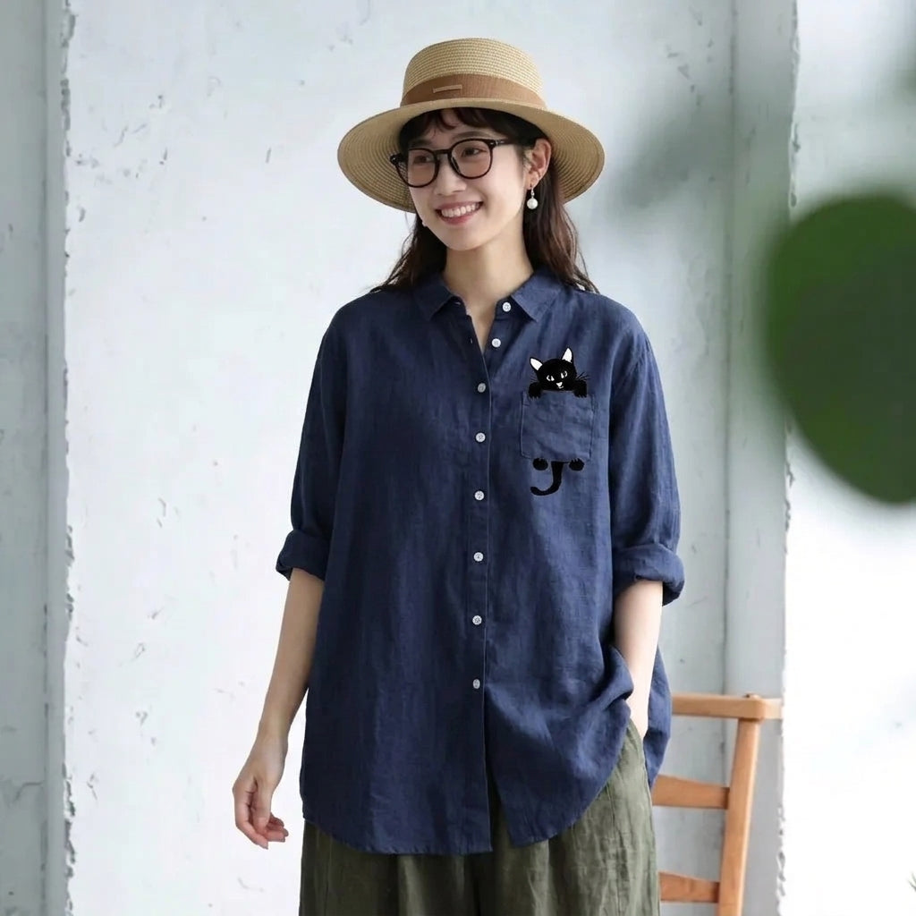 綿麻 Vネック 長袖 プリント 動物柄 シャツ