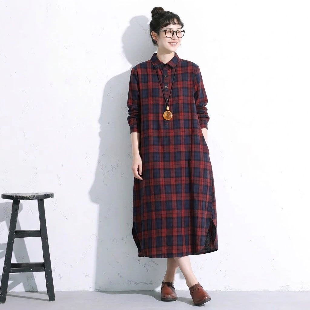 レトロ チェック 襟付き ロング丈 シャツワンピース