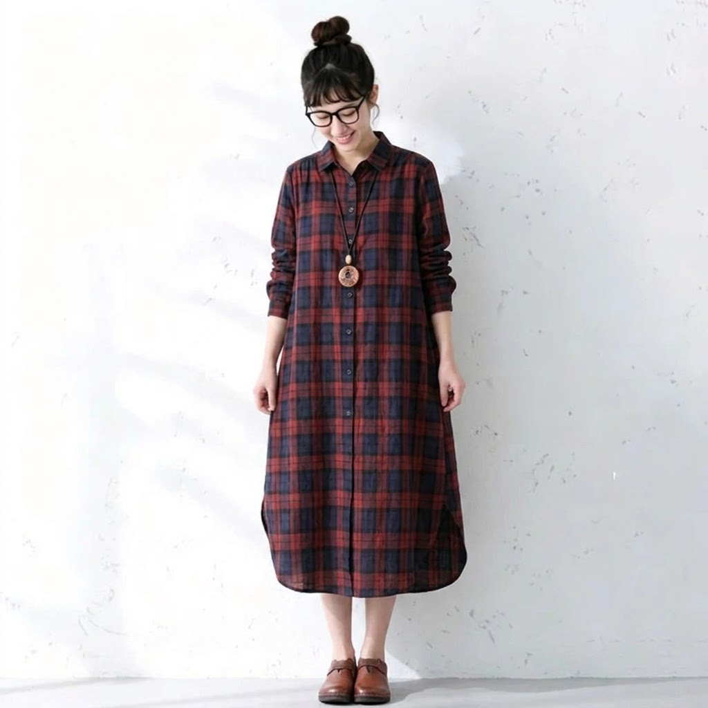 レトロ チェック 襟付き ロング丈 シャツワンピース