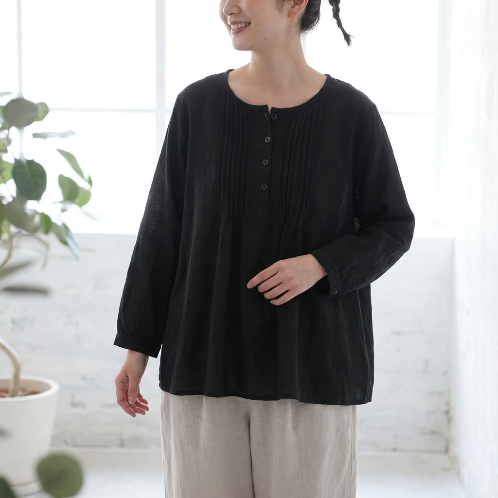 M～6L 綿麻 プリーツ長袖シャツ
