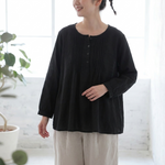 M～6L 綿麻 プリーツ長袖シャツ