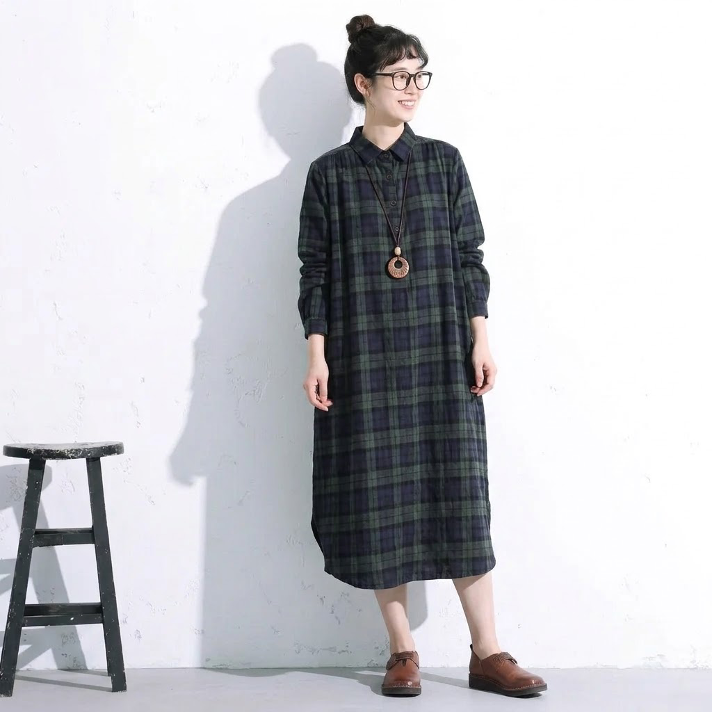 レトロ チェック 襟付き ロング丈 シャツワンピース