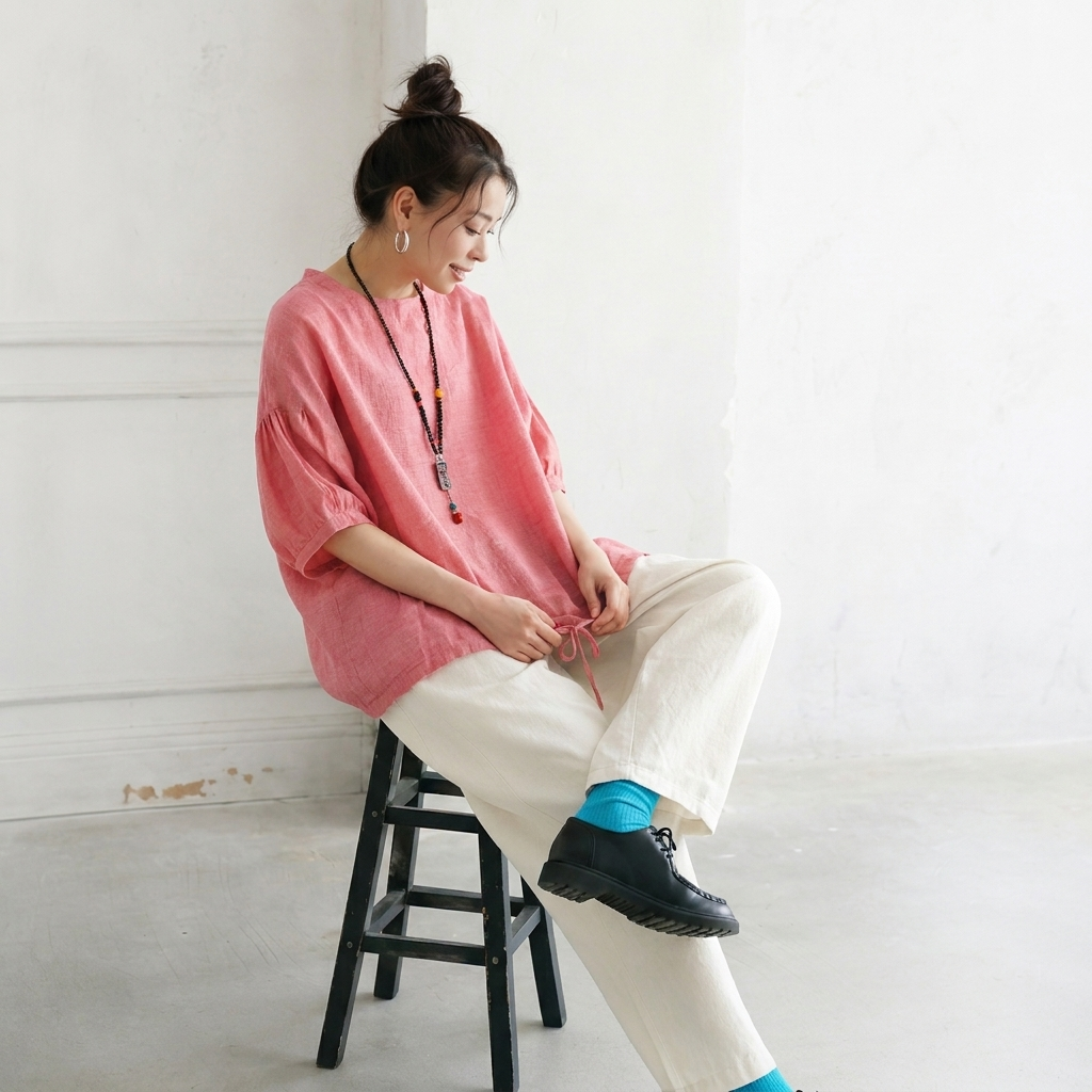 ラクに着られる S～4XL 綿麻 大人ナチュラル 心地よい 五分袖 ドルマンスリーブ Tシャツ