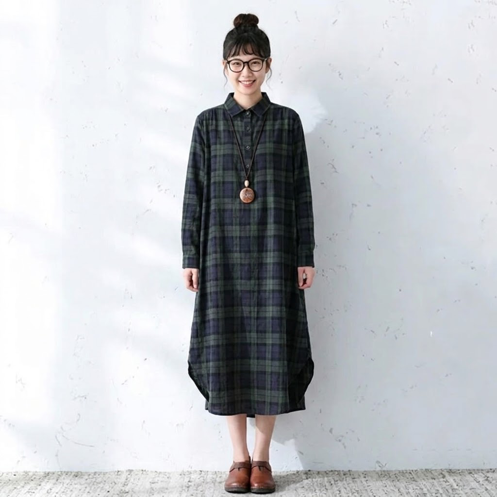 レトロ チェック 襟付き ロング丈 シャツワンピース