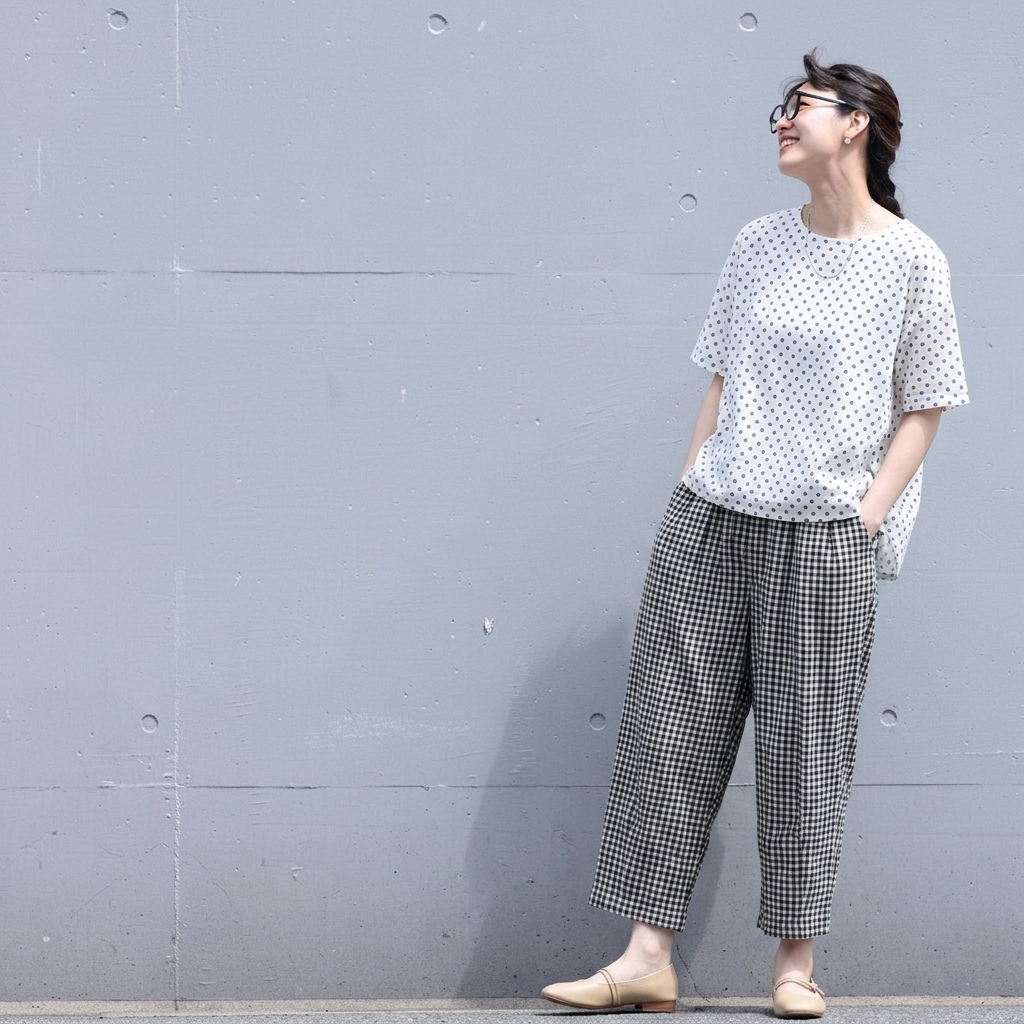 小さなチェック柄 レトロ 柔らか加工 ゆったりシルエット 九分ワイドパンツ