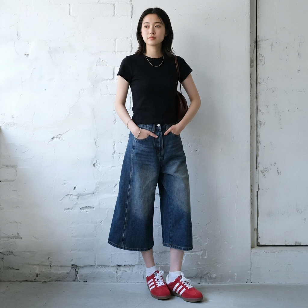 S～4XL クロップド丈（7分丈） 無地 ストレッチ デニム パンツ