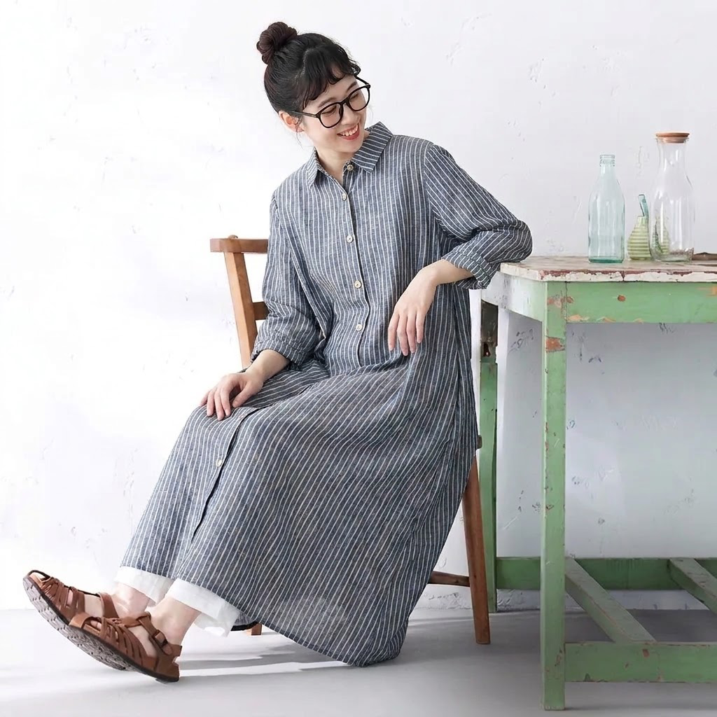 レトロ ポロ襟 ストライプ柄 ロング丈 シャツワンピース