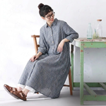 レトロ ポロ襟 ストライプ柄 ロング丈 シャツワンピース
