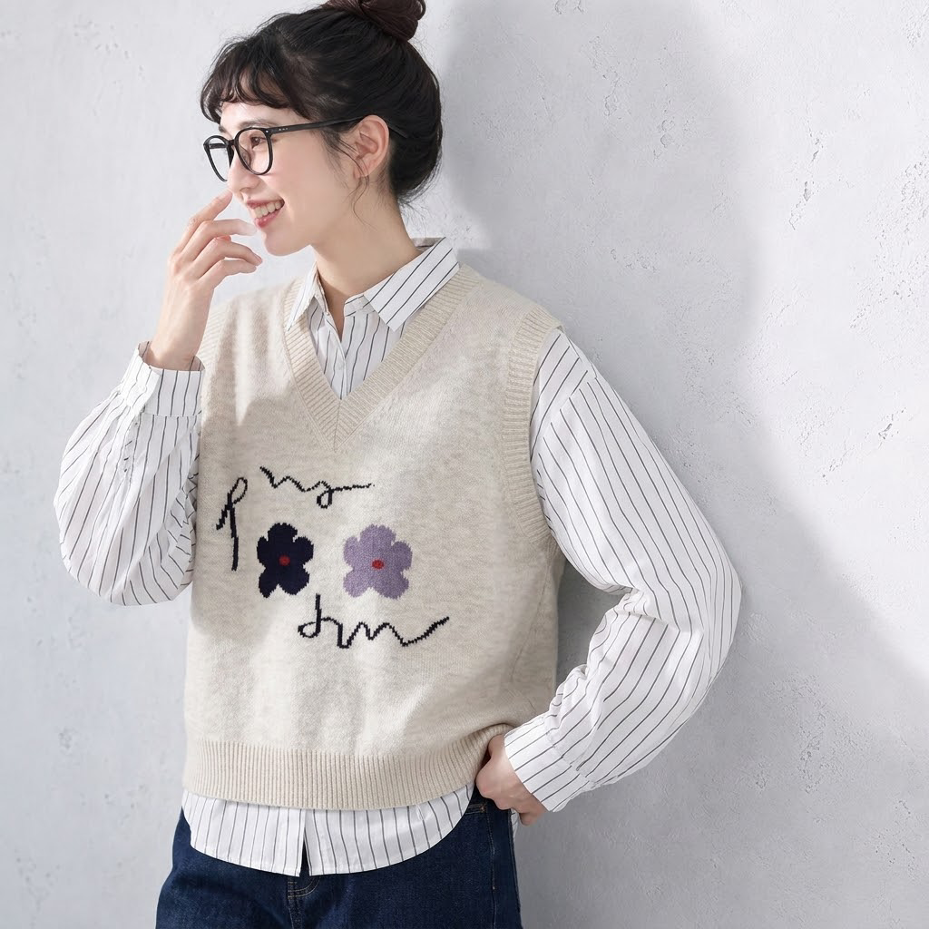 花柄刺繍 Vネックニットベスト