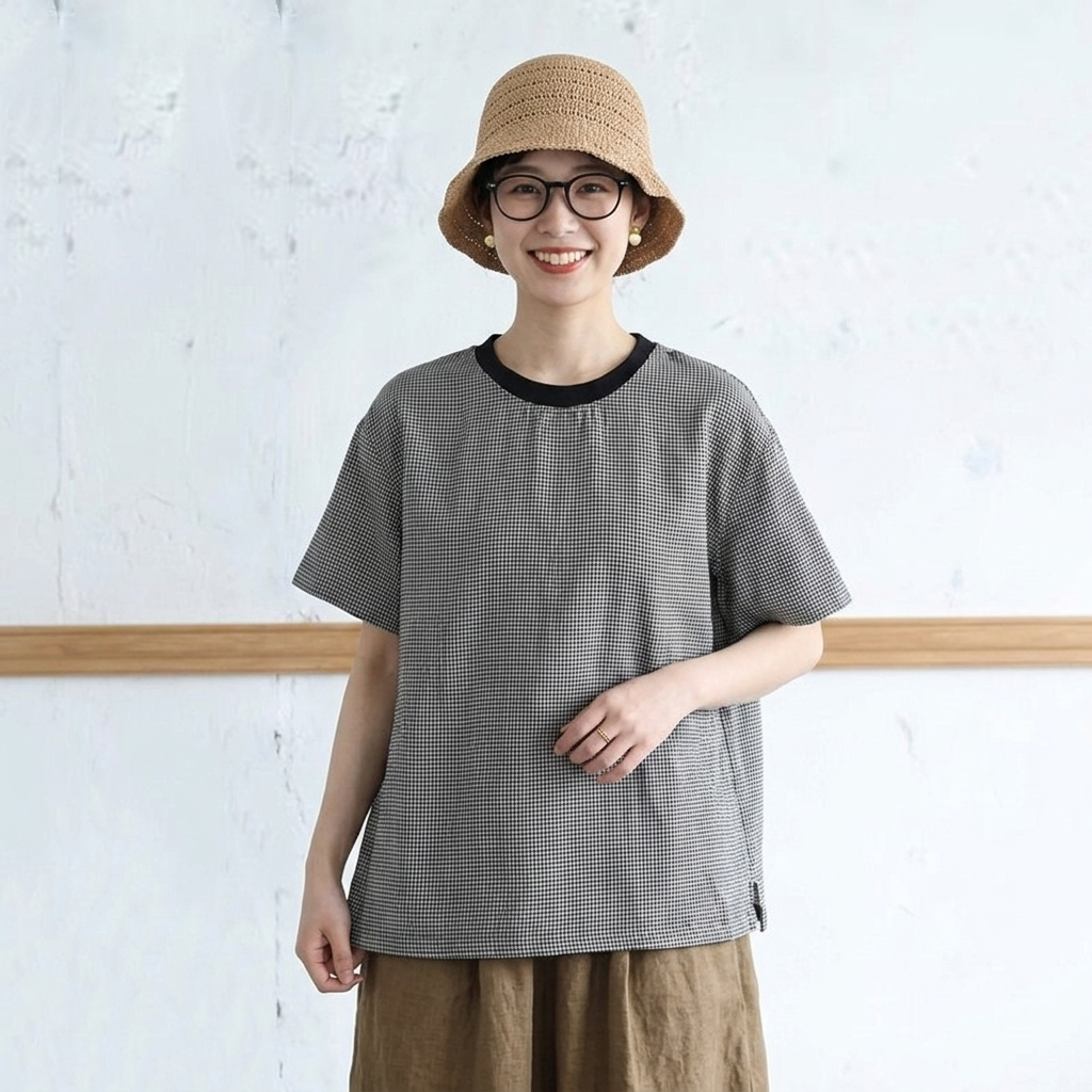 綿麻 半袖 ラウンドネック チェック柄 配色 Tシャツ