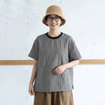 綿麻 半袖 ラウンドネック チェック柄 配色 Tシャツ