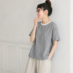 綿麻 半袖 ラウンドネック チェック柄 配色 Tシャツ