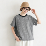 綿麻 半袖 ラウンドネック チェック柄 配色 Tシャツ