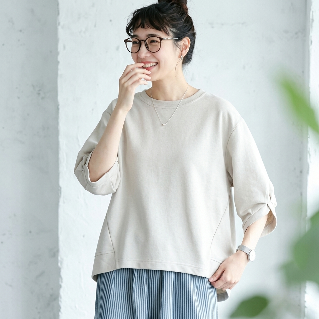 無地 丸首 プルオーバー 袖口結び 五分袖 T シャツ