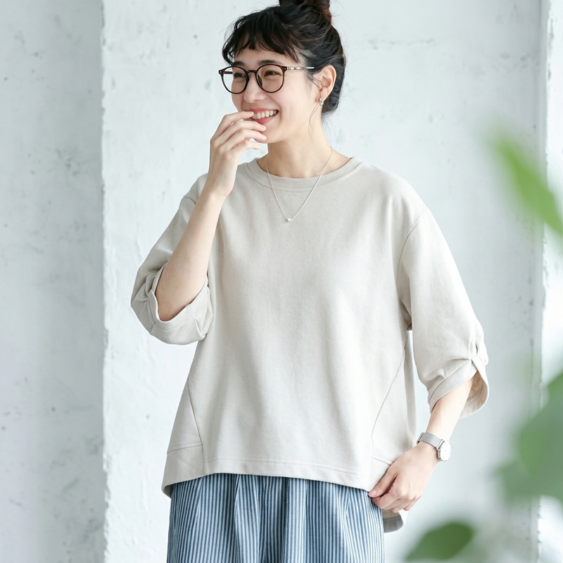 無地 丸首 プルオーバー 袖口結び 五分袖 T シャツ