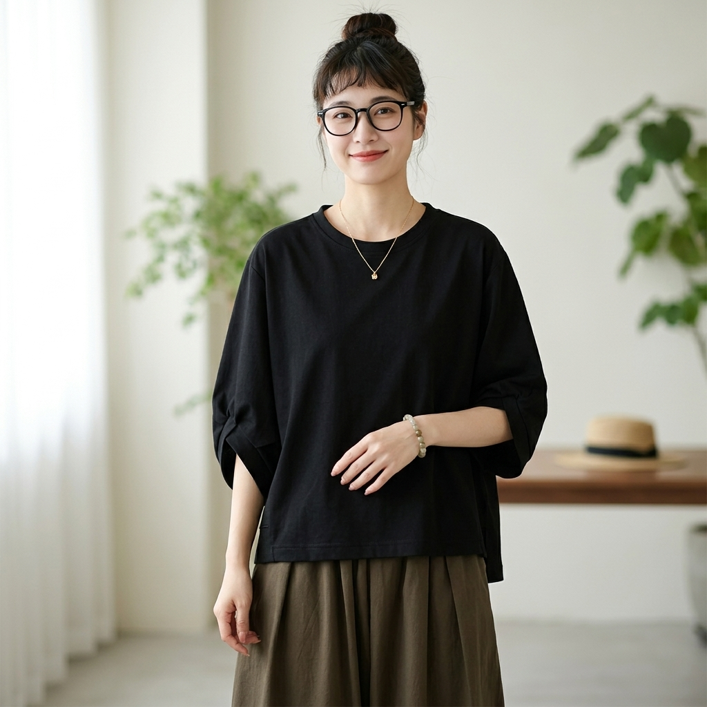 無地 丸首 プルオーバー 袖口結び 五分袖 T シャツ