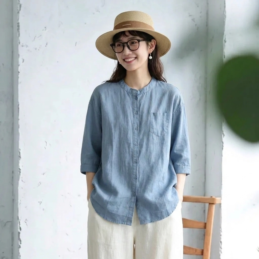 M～4XL スタンドネック ポケット付き 無地 七分袖 シャツ