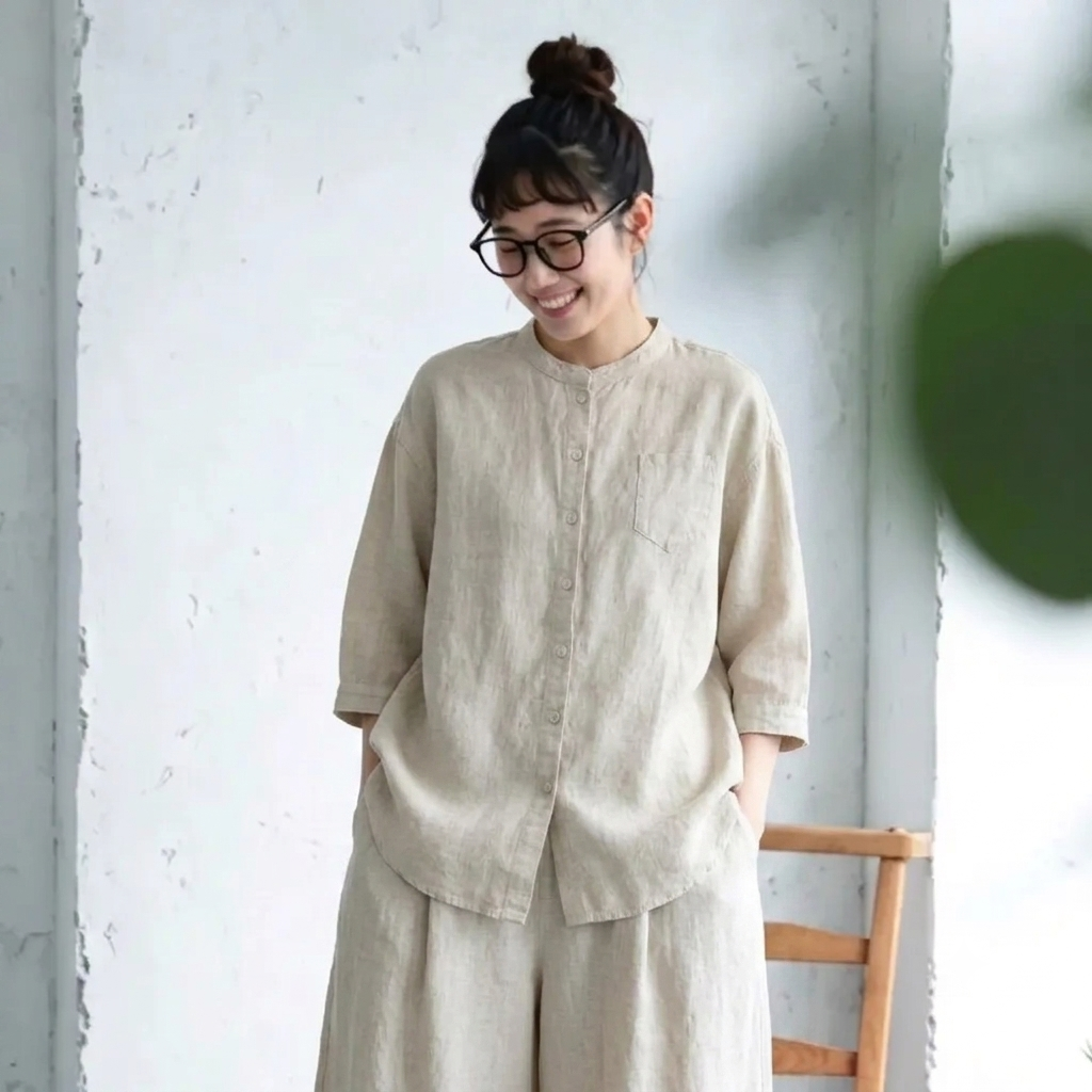 M～4XL スタンドネック ポケット付き 無地 七分袖 シャツ