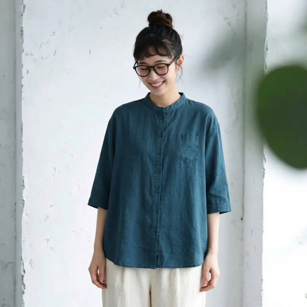 M～4XL スタンドネック ポケット付き 無地 七分袖 シャツ