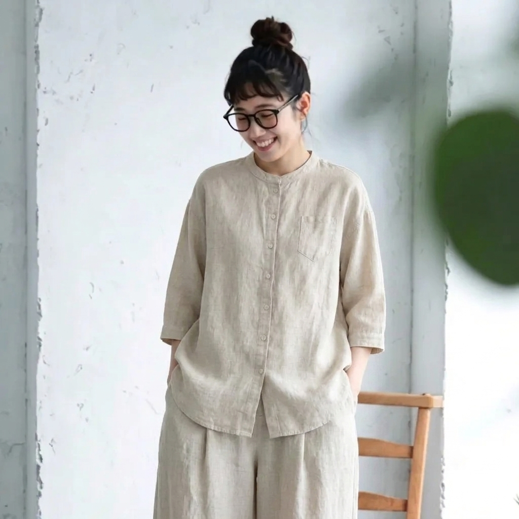 M～4XL スタンドネック ポケット付き 無地 七分袖 シャツ