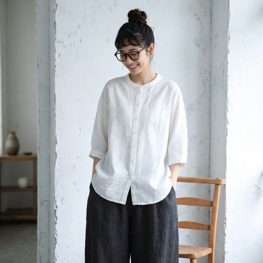 M～4XL スタンドネック ポケット付き 無地 七分袖 シャツ