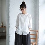 M～4XL スタンドネック ポケット付き 無地 七分袖 シャツ