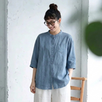 M～4XL スタンドネック ポケット付き 無地 七分袖 シャツ