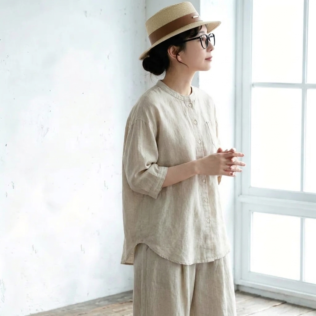 M～4XL スタンドネック ポケット付き 無地 七分袖 シャツ