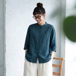 M～4XL スタンドネック ポケット付き 無地 七分袖 シャツ