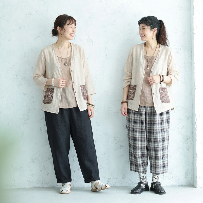春夏向け UV 対策 薄手コットンリネンカーディガン 刺繍デザイン