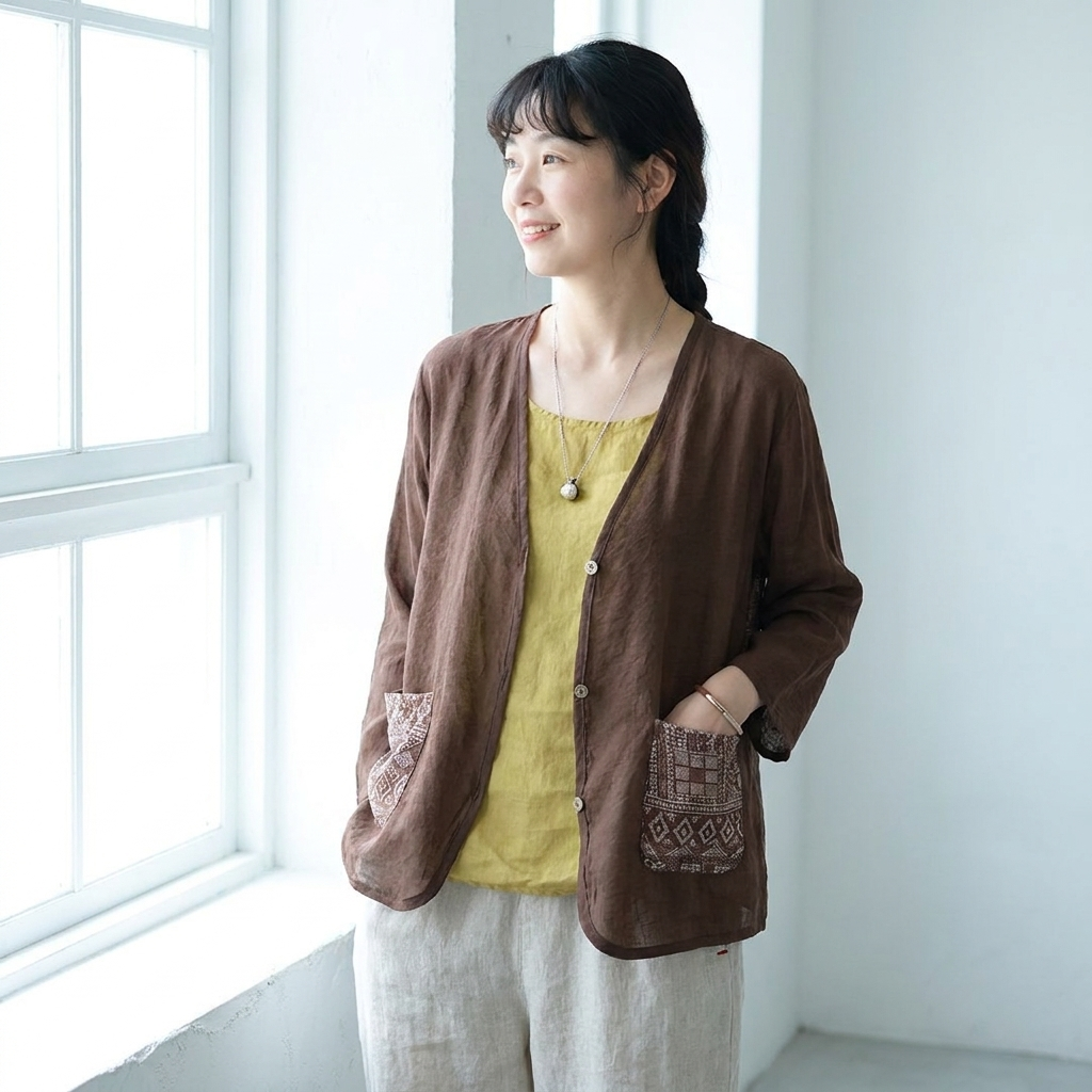 春夏向け UV 対策 薄手コットンリネンカーディガン 刺繍デザイン