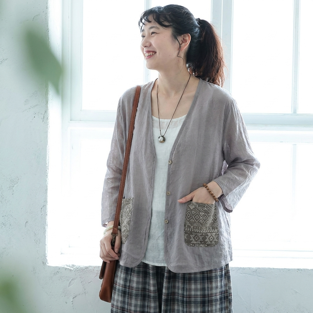 春夏向け UV 対策 薄手コットンリネンカーディガン 刺繍デザイン