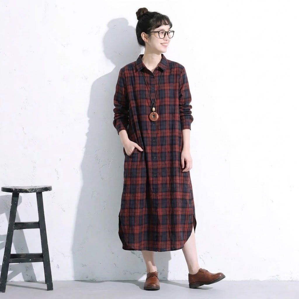 レトロ チェック 襟付き ロング丈 シャツワンピース