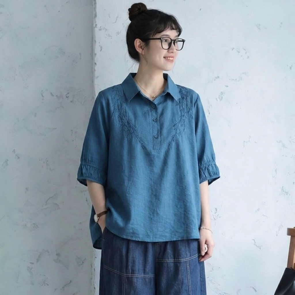 五分袖 折り襟 刺繍 シャツ