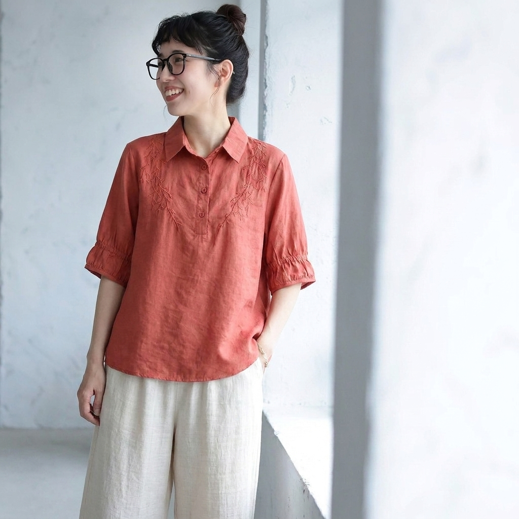 五分袖 折り襟 刺繍 シャツ