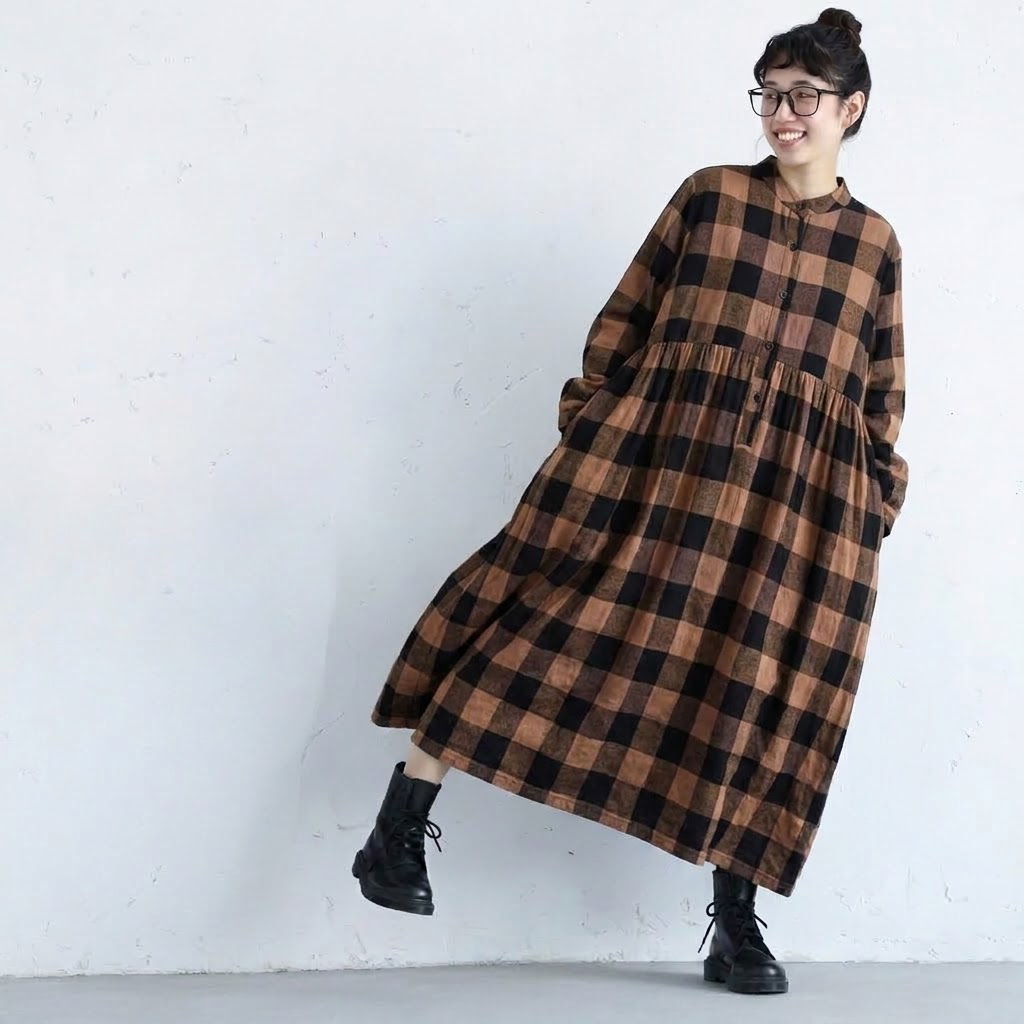 綿麻 チェック柄 プリーツ長袖ワンピース