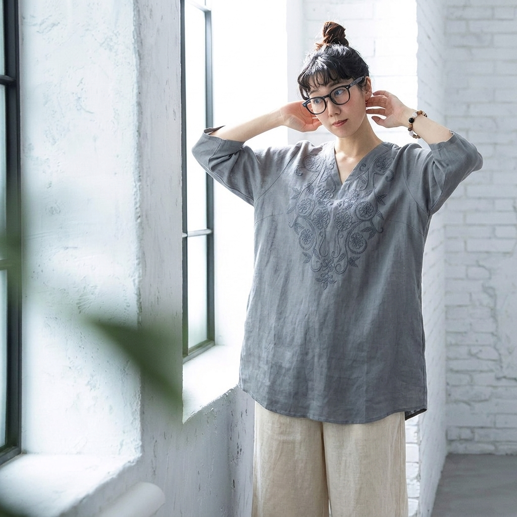 M-4XL 綿麻 刺繍 Vネック 半袖 ミディアム丈 チュニック