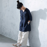 M-4XL 綿麻 刺繍 Vネック 半袖 ミディアム丈 チュニック