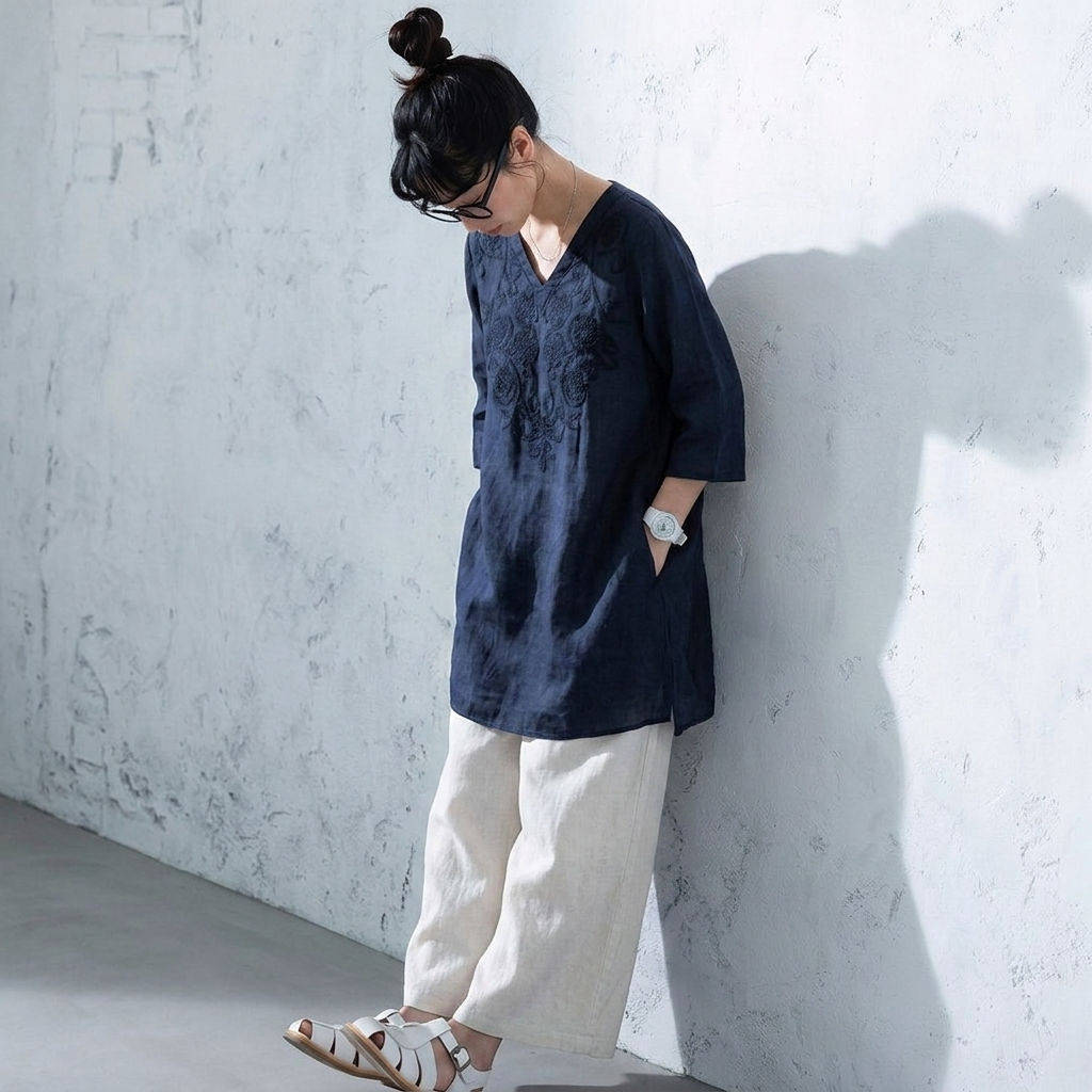 M-4XL 綿麻 刺繍 Vネック 半袖 ミディアム丈 チュニック