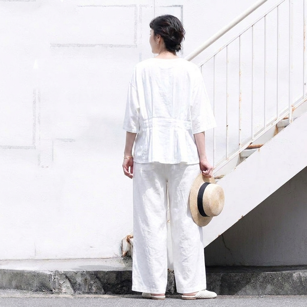 綿麻リネン 無地 ハイウエスト ワイド ストレート パンツ
