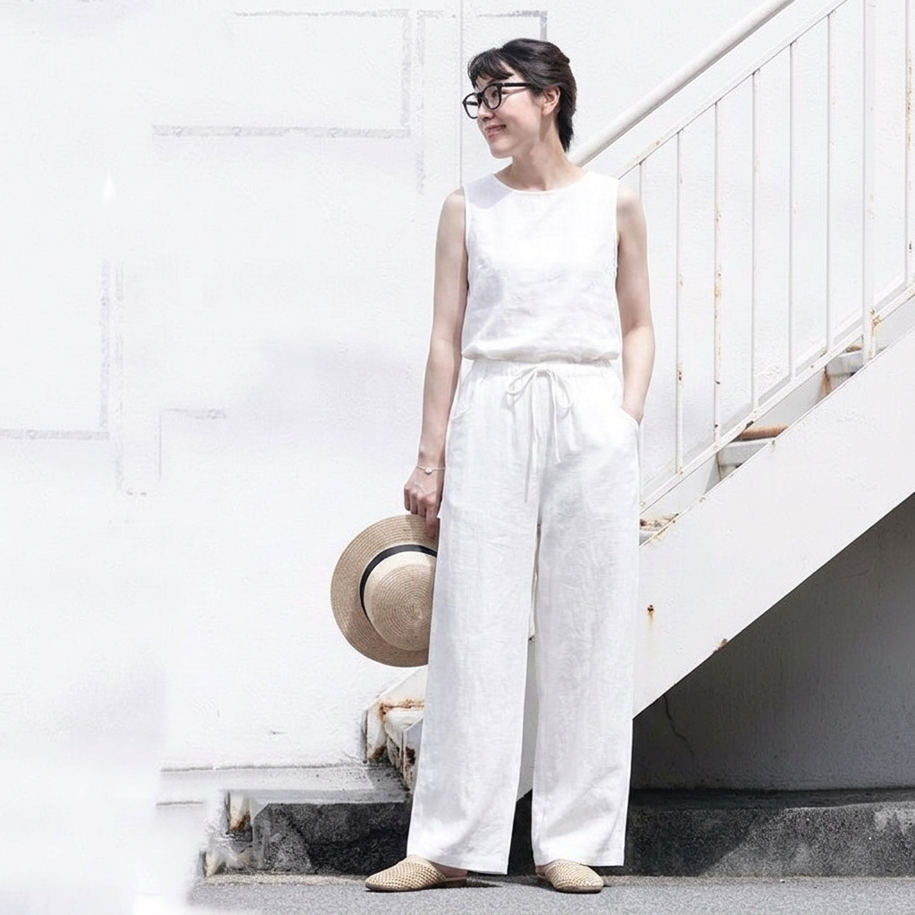 綿麻リネン 無地 ハイウエスト ワイド ストレート パンツ