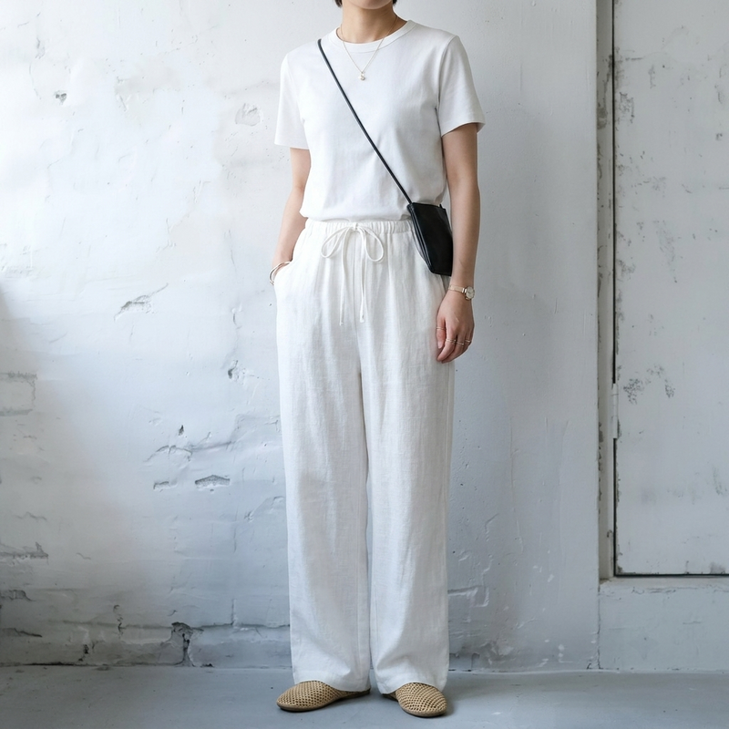綿麻リネン 無地 ハイウエスト ワイド ストレート パンツ
