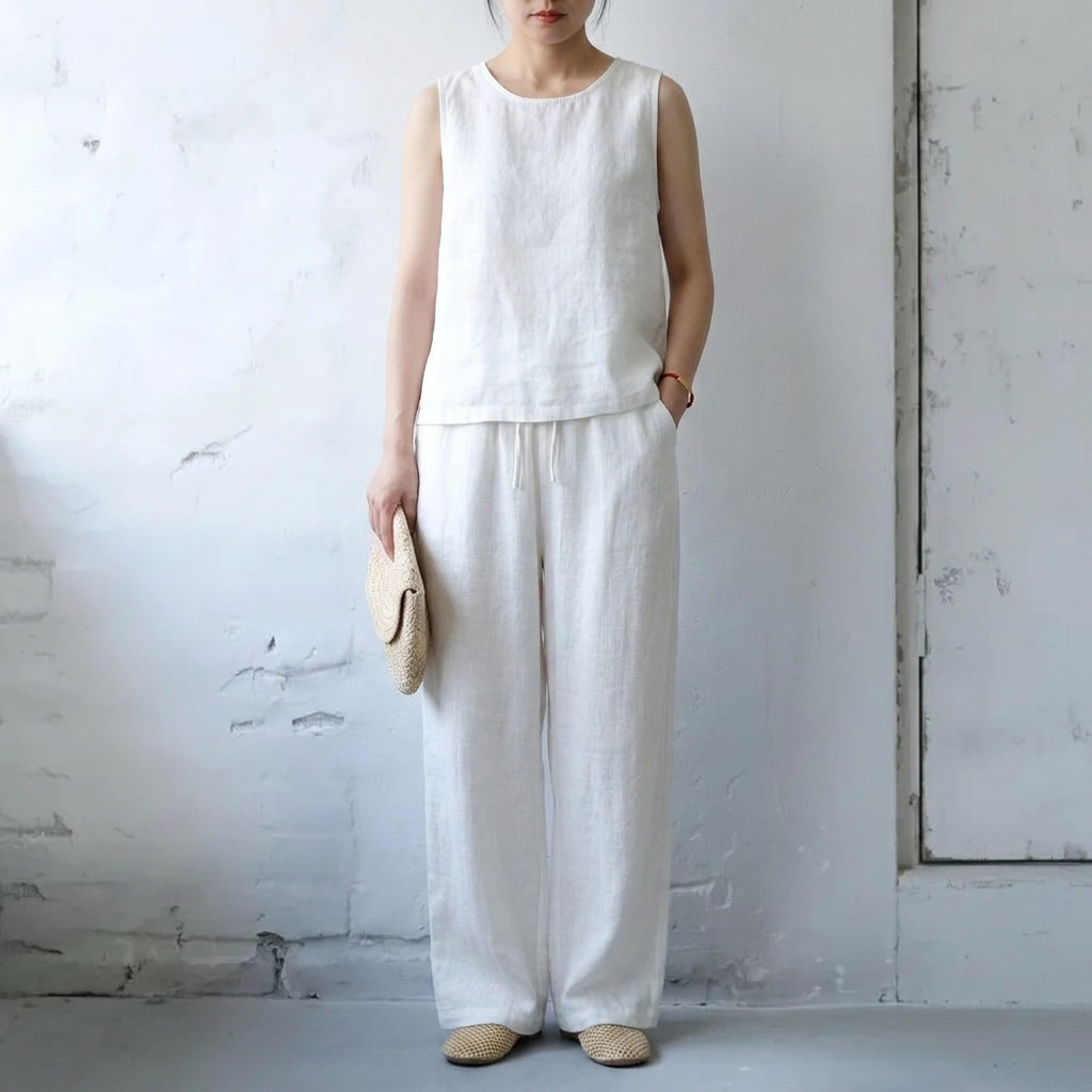 綿麻リネン 無地 ハイウエスト ワイド ストレート パンツ